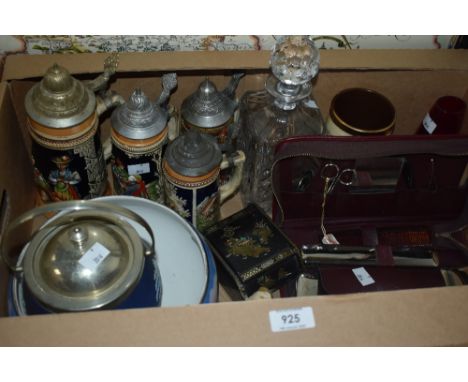 Four vintage stone beer steins, a Wedgwood dark blue Jasperware biscuit barrel, a Royal Albert decanter and a gentlemans toil