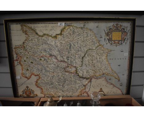 After Christopher Saxton (1540-1610, British), coloured print, Eboracensis - Map of Yorkshire, framed, and under glass, measu