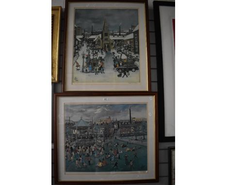 After Edith Le Breton (1912-1992), coloured print, 'Winter Wedding' &amp; 'The Bandstand (Stamford Park, Hale)', signed in pe