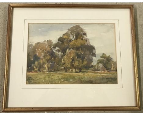 Watercolour sketch of trees at Danesbury Park. Signed EML and dated Oct 1930. Framed & glazed. 17 x 25cm