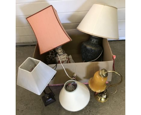 A box of assorted table lamps with shades. To include ceramic based lamp with oriental dragon design and classical design met