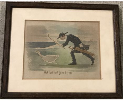 Watercolour painted print golfing cartoon - 'Not Lost but Gone Before'. Indistinctly signed. 18 x 23cm