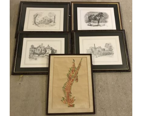 A box of framed and glazed prints to include watermills and an embossed oriental deity.  