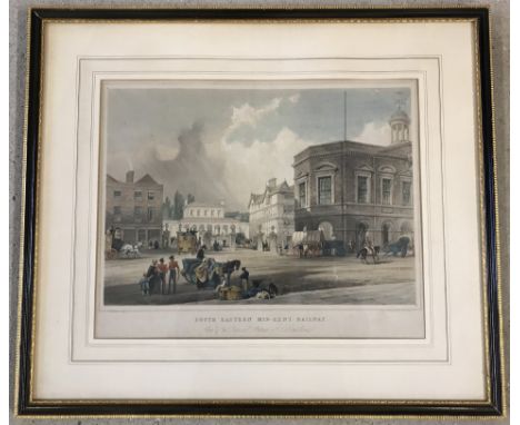 Mid-Victorian hand coloured railway print of South Eastern Mid-Kent Railway. View of the proposed station at Maidstone. G.Haw