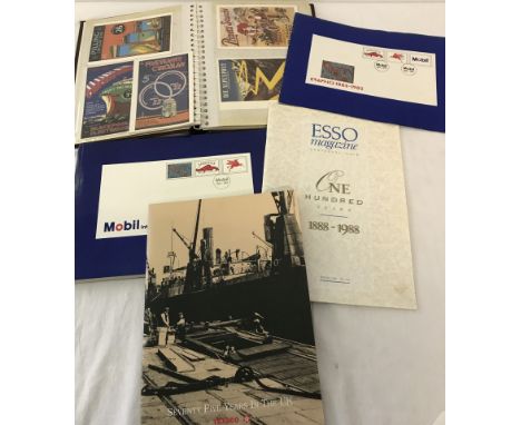 4 vintage fuel company publications together with a postcard album containing postcard replicas. Mobil Oil Co guide to its hi