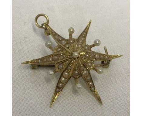 Vintage 14ct yellow gold, pearl set, star brooch / pendant. Weight approx. 4g. 