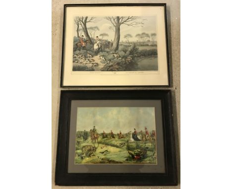 2 framed and glazed vintage  hunting scene prints.  largest print size 31cm x 44.5cm approx.