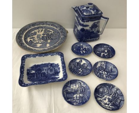 A small collection of blue and white ceramic items. Comprising: Ringtons Ltd square shaped teapot circa 1929, George Jones "A