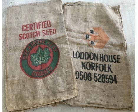 A collection of 6 advertising hessian sacks. 3  APS Loddon House Norfolk and 3 Certified Scotch seed Sycamore Leaf Brand. 