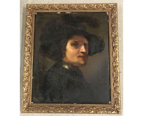 After Rembrandt - 19th century oil on canvas. Portrait of a soldier in a hat. A/f. 55 x 45cm.