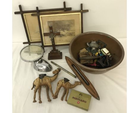 A quantity of assorted misc items in a large stoneware bowl. To include Pair of framed and glazed prints, chrome mirror, vint