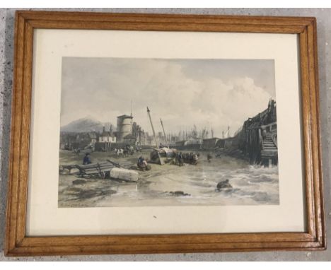 A Victorian hand coloured print of the back of Old Leith Pier. Framed & glazed. Approx. 27 x 40cm