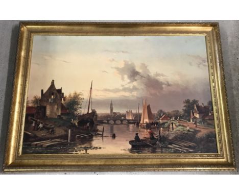 A large gilt framed print " Quiet Evening Hour" depicting a river scene.  Picture size 59cm x 89cm approx.