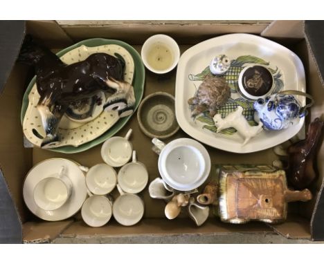 A box of assorted ceramics to include 6 Royal Worcester coffee cans and saucers. Together with Poole, Wade, Hornsea and Portm
