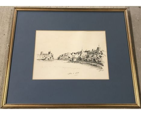 Arabian School, 20th century pen & ink sketch of an Omani Coastal Fort/Harbour.  23 x 33cm