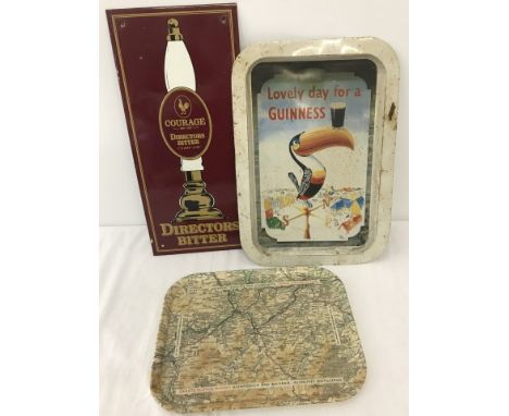 A small vintage Guinness tin serving tray. Together with a Grants scotch whisky melamine tray and an enamelled Courage Direct