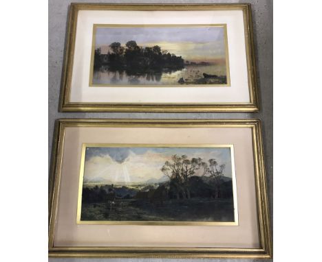 A pair of K. Heffner mixed media prints. Country views, gilt frames. One without glass. 36 x 73cm