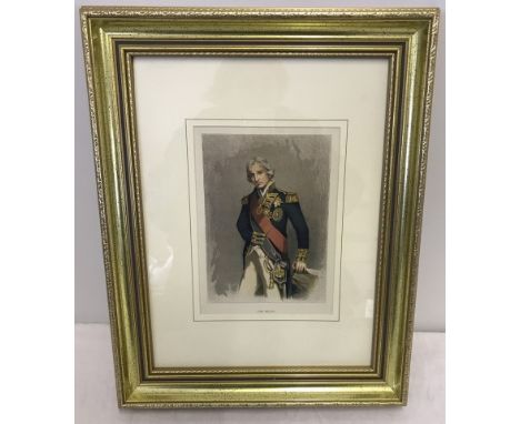Original lithograph circa 1890 of Lord Nelson. Gilt framed and glazed. Approx. 24cm x 17.5cm.