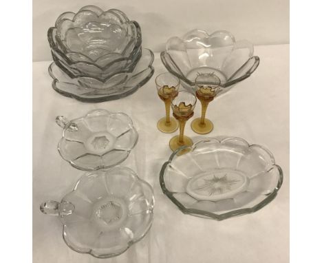 A quantity of vintage Chippendale Krys-tol glass ware. Together with 3 vintage amber glass stemmed liqueur glasses. 