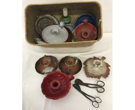 A collection of vintage enamelled and ceramic candlestick holders. Together with 3 pairs of candle snips. 