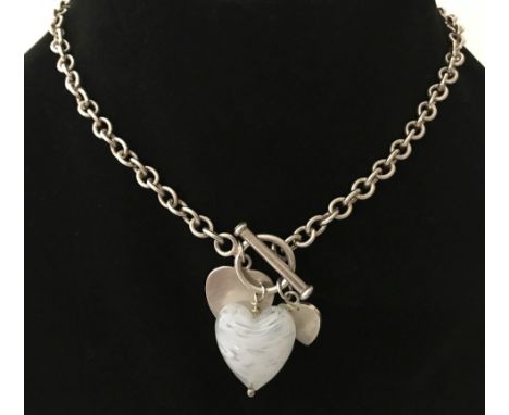 A silver belcher style chain necklace with T bar fixing and heart shaped glass bead pendant. Chain length 15". T bar stamped 