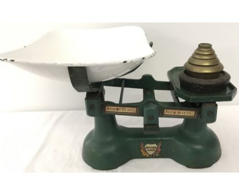 A set of vintage Roworth Bros Norwich weighing scales. With enamelled pan and weights. 