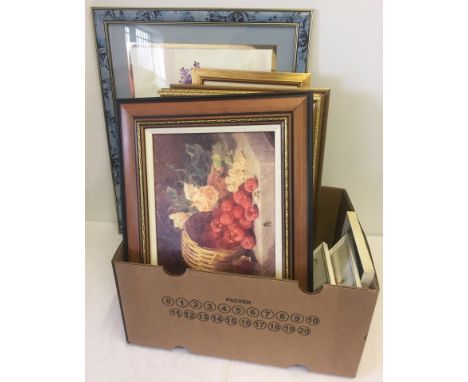A box of framed pictures. To include prints and 3D flower pictures.  