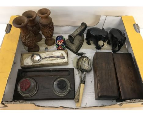 A box of misc items to include desk inkwell and pen rest, vintage boxed dominoes and draughts and carved wooden vases. 