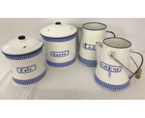A collection of French enamel kitchen ware items. Comprising; 2 lidded pots, milk jug and cream jug. Tallest approx. 22cm tal