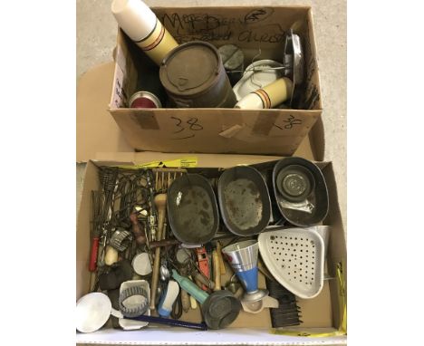 2 boxes of vintage kitchenalia. To include matching wicker and glass tray and pot stand,  enamel ware, vacuum flasks, whisks 
