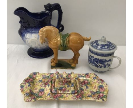 A Royal Winton Grimwades "Wellbeck" breakfast dish with toast rack together with a blue and white jug with Falstaff spout, Ch