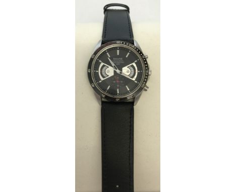 A men's Accurist chronograph leather strapped wrist watch, in working order. Water resistant to 100m. 