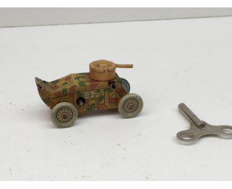 Pre-war tinplate penny toy.. clockwork with key. Model is armoured Car.