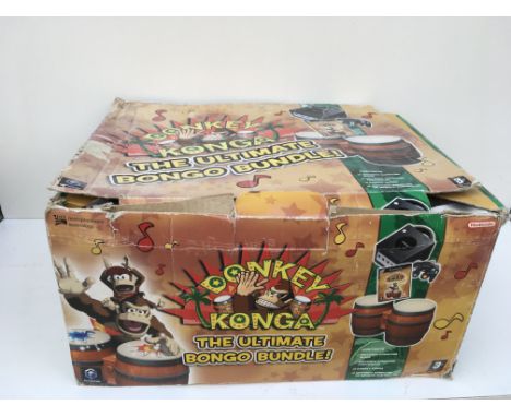 A boxed Nintendo GameCube Donkey Konga.. The ultimate Bongo Bundle. Includes manual..cables..bongo drums..boxed games disc. N
