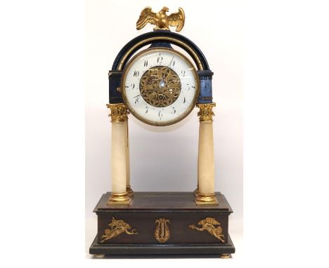 C19th French ebonised and alabaster portico clock, gilt eagle pediment over drum head supported by four marble columns with g