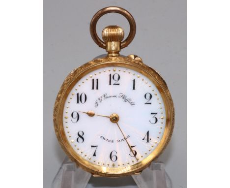Swiss retailed by J. G. Greaves Sheffield, ladies 18k gold open face fob watch, named guilloche enamel Arabic dial, bright cu