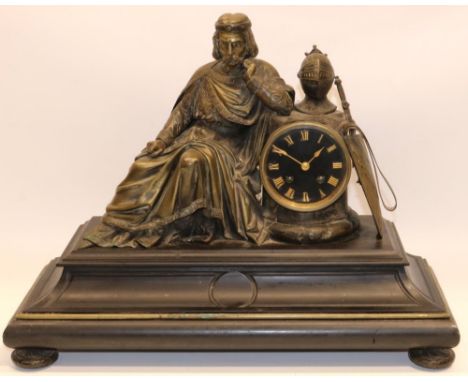 C19th French patinated brass and slate figural mantle clock, the Medieval Knight leaning against the clock drum on moulded ba