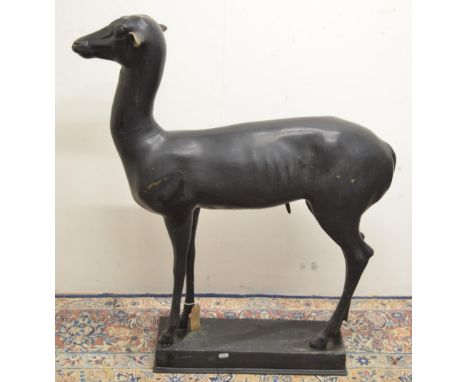 Large patinated bronze model of a standing male deer, on rectangular base, W78cm H91cm 
