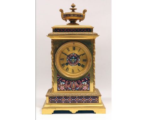 S. Marti et Cie - C19th French ormolu and enamel mantle clock, the case with urn finial, champleve enamel panels applied moun