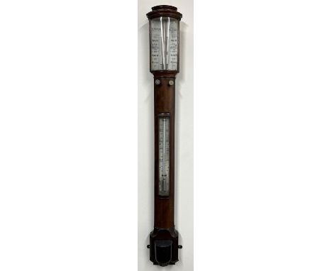 C Altria, Skene Street, Aberdeen - C19th century figured mahogany stick barometer, moulded cornice above signed rectangular d