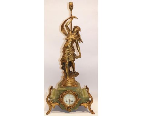 A. G. Mougin for Collet &amp; Valois Lyon - early C20th French onyx and gilt mantle clock lamp, the case surmounted with 'Eto