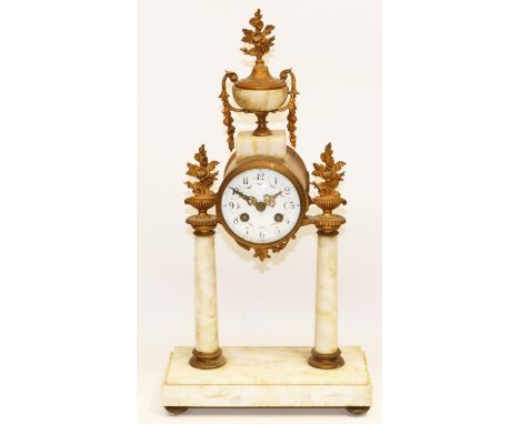 Samuel Marti &amp; G. Vignon, Paris - early C20th French cream marble and ormolu portico clock, with urn finial, white enamel