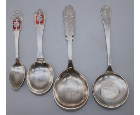 C20th Danish silver spoon with red enamel CX 1870-1940 terminal, stamped A.Rasmussen and CFH for Christian F. Heise, another 