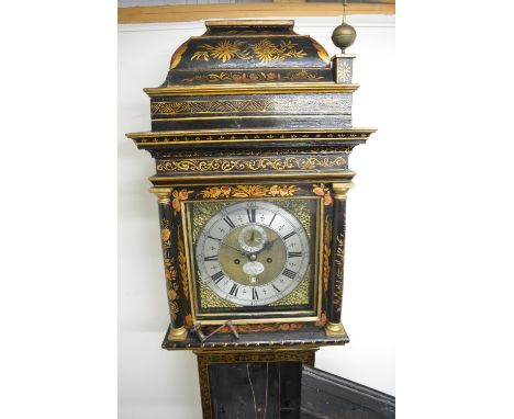 Jos. Boult London - black lacquered chinoiserie longcase clock, signed 12 1/4in square brass dial with cast mask head spandre