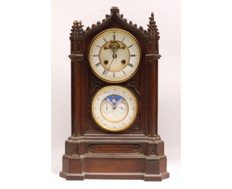 J. D. B. - late C19th French oak Gothic Revival mantle clock with Patent perpetual calendar, cathedral arched topped case wit