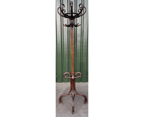 Early C20th Mazowia bentwood coat stand, swivel top with eight scroll hooks and beehive finial, on cluster column with four s