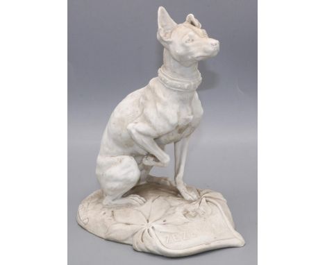 After Charlotte Stephanie Emile Bertrand - Volkstedt biscuit porcelain model of Zezette a Manchester terrier, seated on natur