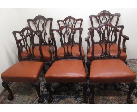 Set of six Chippendale style mahogany dining chairs (4+2) with serpentine top rails, Gothic pierced splats and stuffed over s