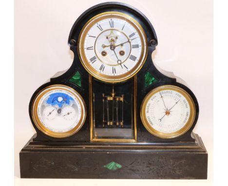 S. Marti et Cie retailed by Smith of Belfast - C19th slate and malachite mantle clock with perpetual calendar, moon phase and