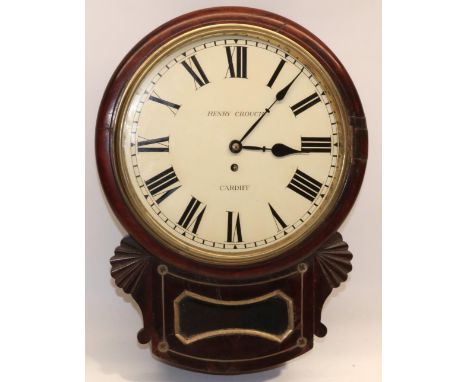 Henry Crouch Cardiff - William IV 8 day mahogany drop dial wall timepiece, brass inlaid case and framed pendulum aperture wit